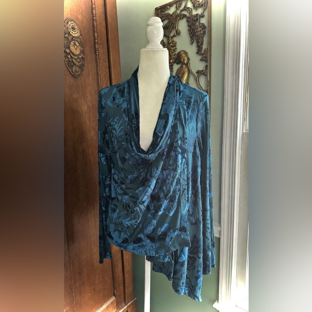 VT Luxe Teal Blue Floral Velvet Burnout Draped Cardigan Cowl Neck Asymmetrical
